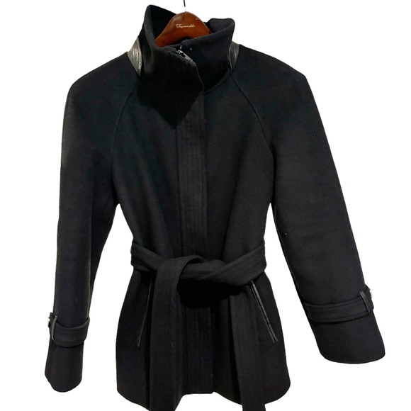 Mackage Black Wool Zipped Jacket with Leather Trim & belt, Size S/P Barely worn - Picture 2 of 10